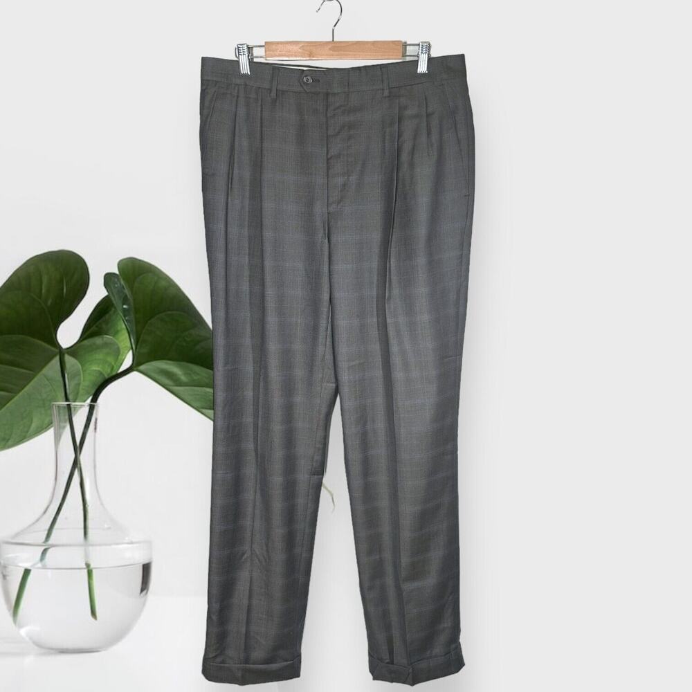 FACONNABLE Vintage Pleated Dress Pants Slacks Straight Leg Plaid Cuffed Gray 35